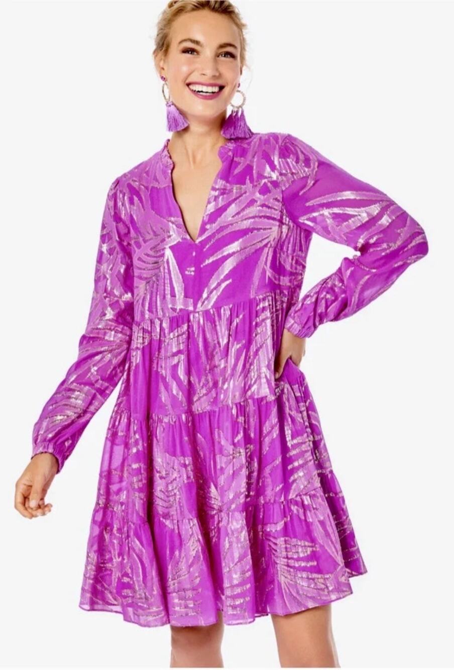 Lilly Pulitzer Sarita Silk V-Neck Tiered Mini Swing Dress Wild Fuchsia Womens 14